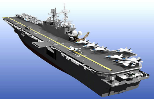 美国最新一代两栖攻击舰美国级效果图。该级舰将能搭载F-35B联合攻击机。 美国最新一代两栖攻击舰美国级效果图。该级舰将能搭载F-35B联合攻击机。